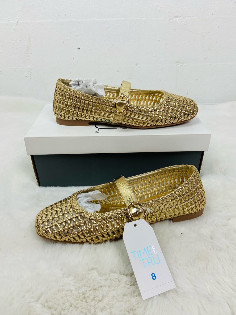NWT Time and Tru Gold Woven Mary Jane ballerina Flat Loafers size 8